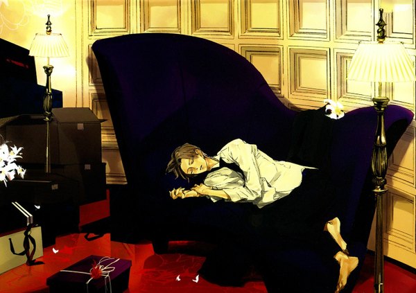 Anime picture 1418x1000 with takarai rihito short hair brown hair barefoot sleeping boy shirt gift lamp room