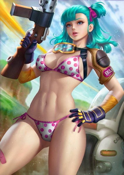 Anime picture 2480x3508 with dragon ball bulma nudtawut thongmai single long hair tall image looking at viewer fringe highres open mouth blue eyes light erotic standing holding sky cloud (clouds) outdoors blunt bangs lips realistic