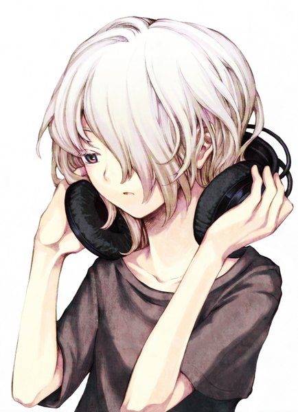 Anime picture 2551x3528 with original shouichi taguchi single tall image fringe highres short hair open mouth simple background white background white hair pink eyes hair over one eye albino boy headphones t-shirt