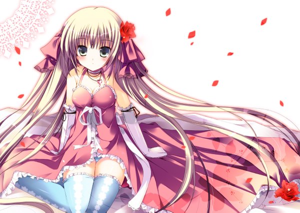 Anime picture 1200x853 with original mizusawa mimori single long hair looking at viewer blush blonde hair sitting bare shoulders green eyes hair flower girl thighhighs dress gloves hair ornament petals elbow gloves pendant