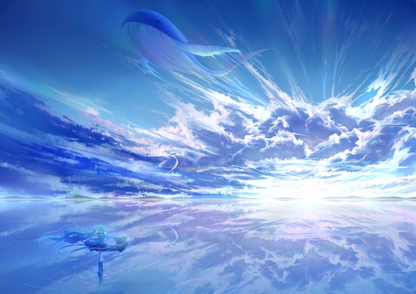 Anime-Bild 2500x1767 mit vocaloid hatsune miku arsh long hair highres standing twintails sky cloud (clouds) long sleeves from behind sunlight aqua hair wide sleeves reflection spread arms mountain walking scenic girl