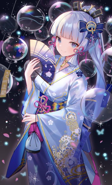 Anime picture 2960x4900 with genshin impact kamisato ayaka shuming single long hair tall image fringe highres blue eyes smile silver hair ponytail blunt bangs traditional clothes japanese clothes sparkle tress ribbon girl hair ornament ribbon (ribbons)