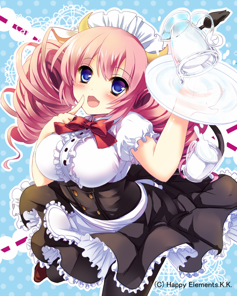 Anime picture 640x800 with original amamine single long hair tall image blush open mouth blue eyes smile pink hair tail animal tail horn (horns) maid drill hair finger to mouth cow girl girl uniform pantyhose