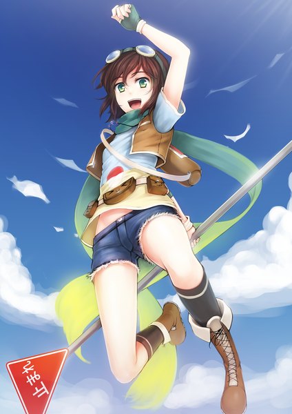 Anime picture 905x1280 with original azuri ricegnat single tall image blush short hair open mouth smile brown hair green eyes sky cloud (clouds) from below girl gloves socks shorts scarf fingerless gloves