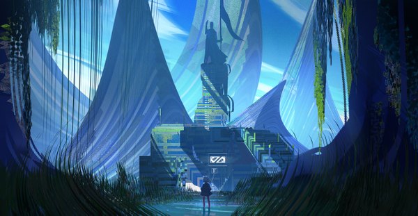 Anime picture 2600x1350 with original ying yi single highres short hair wide image standing animal ears grey hair from behind shadow cat girl loli scenic polychromatic girl thighhighs plant (plants) socks building (buildings)