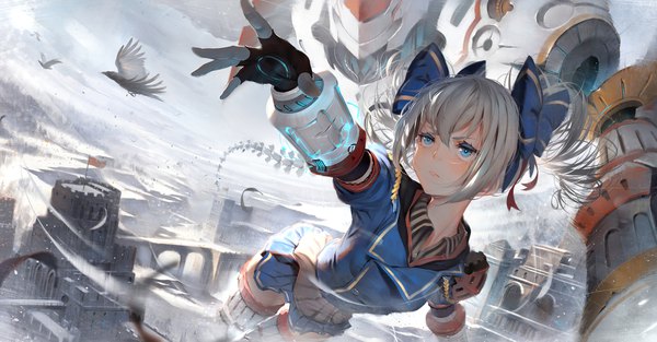 Anime picture 2299x1200 with honkai impact 3rd benghuai xueyuan honkai (series) bronya zaychik project bunny toriumi harumi single long hair blush fringe highres blue eyes hair between eyes wide image twintails looking away silver hair cloud (clouds) outdoors pleated skirt