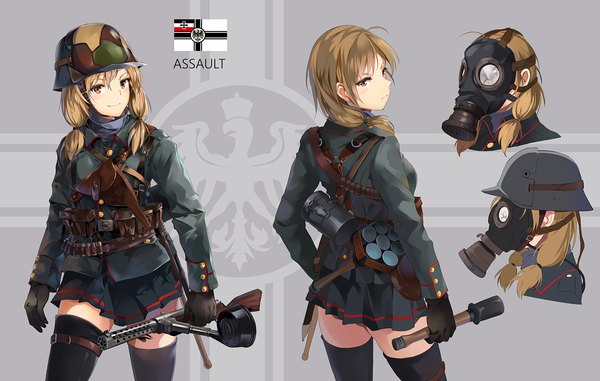 Anime picture 1500x954 with battlefield battlefield 1 neko (yanshoujie) long hair looking at viewer blush fringe smile hair between eyes brown hair standing twintails holding brown eyes ahoge long sleeves pleated skirt looking back from behind grey background