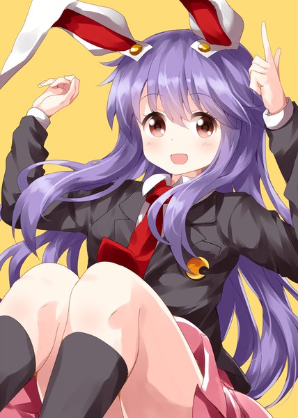 Anime picture 1000x1400 with touhou reisen udongein inaba ruu (tksymkw) single long hair tall image looking at viewer blush fringe open mouth simple background hair between eyes red eyes animal ears purple hair :d arms up bunny ears yellow background girl