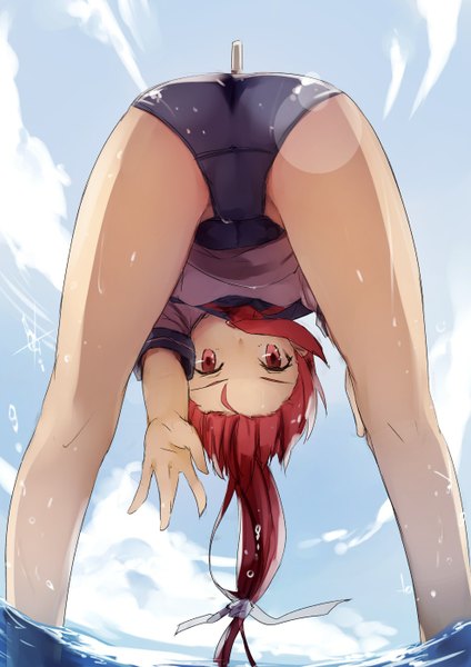 Anime picture 990x1400 with kantai collection i-168 submarine kyouya (mukuro238) single long hair tall image looking at viewer light erotic red eyes sky cloud (clouds) ass ponytail red hair wet bent over girl ribbon (ribbons) swimsuit hair ribbon