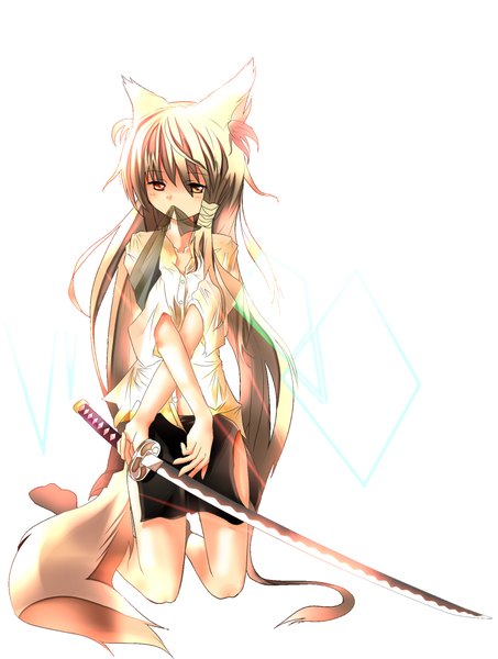 Anime picture 1700x2249 with original inabi single long hair tall image simple background blonde hair red eyes white background animal ears tail animal tail orange eyes fox ears heterochromia fox tail fox girl looking down girl skirt