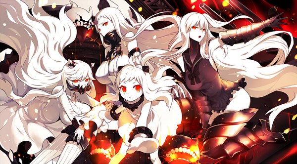 Anime picture 1083x600 with kantai collection northern ocean hime seaport hime aircraft carrier hime midway hime harano long hair looking at viewer fringe breasts open mouth light erotic blonde hair red eyes wide image large breasts white hair very long hair horn (horns) from below
