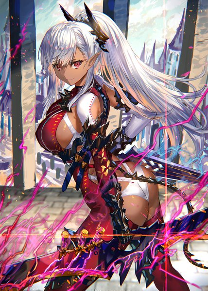 Anime picture 1141x1600 with original ranou single long hair tall image looking at viewer fringe breasts light erotic smile hair between eyes red eyes large breasts standing holding white hair ponytail pointy ears turning head shaded face
