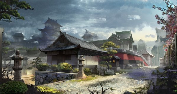 Anime picture 1920x1030 with original mo laman highres wide image sky cloud (clouds) outdoors city cityscape no people fog plant (plants) tree (trees) grass road japanese house