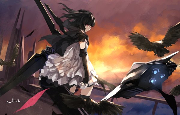 Anime picture 2952x1889 with original pixiv fantasia pixiv fantasia fallen kings swd3e2 single long hair looking at viewer highres black hair standing sky cloud (clouds) pink eyes looking back girl thighhighs dress gloves weapon black thighhighs