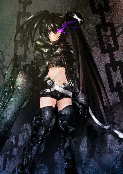 Anime picture 2480x3507 with black rock shooter insane black rock shooter single long hair tall image looking at viewer highres black hair purple eyes twintails scar girl navel weapon sword shorts boots thigh boots