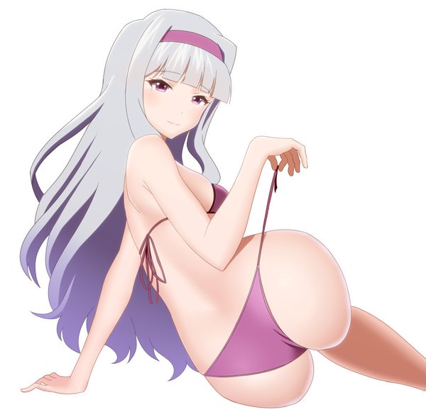 Anime picture 1870x1811 with idolmaster shijou takane taka (takahirokun) single long hair looking at viewer blush fringe highres breasts light erotic simple background white background sitting bare shoulders bent knee (knees) ass pink eyes looking back light smile