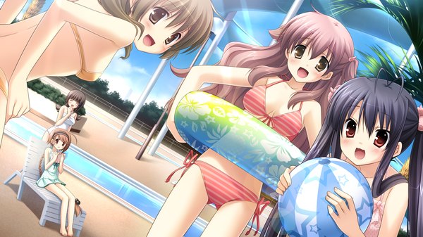 Anime picture 1920x1080 with with ribbon hosaka hina haruka hinata long hair blush highres open mouth black hair red eyes brown hair wide image twintails multiple girls brown eyes game cg eyes closed girl swimsuit bikini sundress