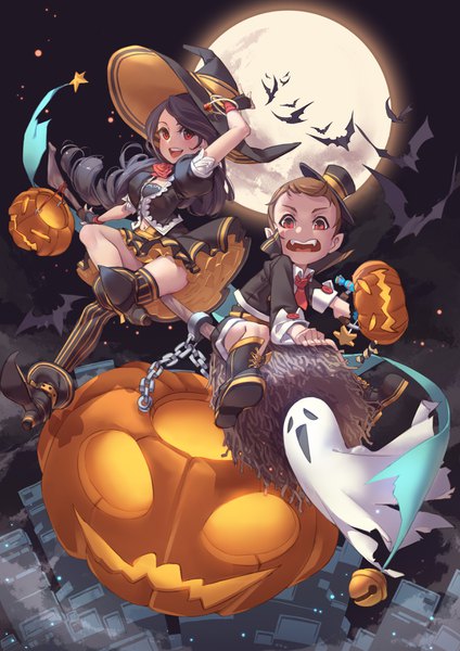 Anime picture 2480x3508 with original splish long hair tall image looking at viewer highres short hair open mouth black hair red eyes brown hair full body puffy sleeves drill hair halloween flying ghost broom riding girl thighhighs