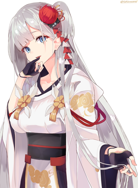 Anime picture 878x1200 with azur lane shoukaku (azur lane) shirousa single tall image looking at viewer fringe breasts open mouth blue eyes simple background hair between eyes white background signed silver hair blunt bangs very long hair traditional clothes head tilt japanese clothes