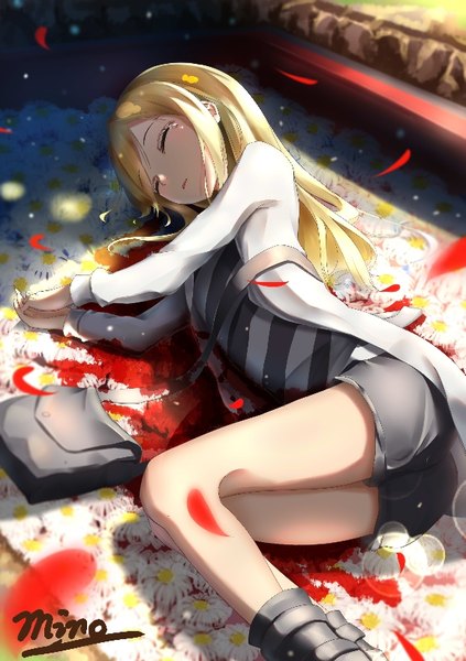 Anime picture 578x818 with satsuriku no tenshi ray (satsuriku no tenshi) minoominoomi single long hair tall image fringe blonde hair signed lying eyes closed parted lips sunlight tears lens flare on side shaded face striped death girl
