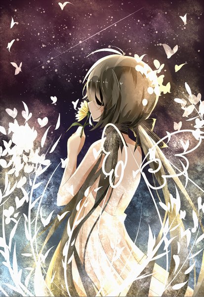 Anime picture 1000x1453 with haiiro teien alela grora single long hair tall image fringe black hair twintails looking away night night sky girl dress flower (flowers) bow hair bow white dress insect butterfly star (stars)