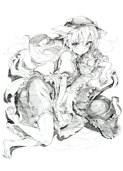 Anime picture 1564x2177 with touhou hinanawi tenshi oshake single long hair tall image looking at viewer blush simple background white background lying barefoot on side monochrome sketch girl dress bow hat frills