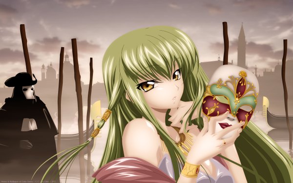 Anime picture 2560x1600 with code geass sunrise (studio) c.c. long hair looking at viewer fringe highres open mouth wide image yellow eyes very long hair green hair lips girl bracelet scarf ring mask necklace