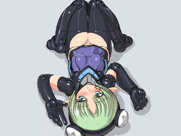 Anime picture 1024x768 with busou shinki single blush short hair blue eyes light erotic lying green hair pointy ears grey background girl thighhighs gloves black thighhighs elbow gloves bodysuit