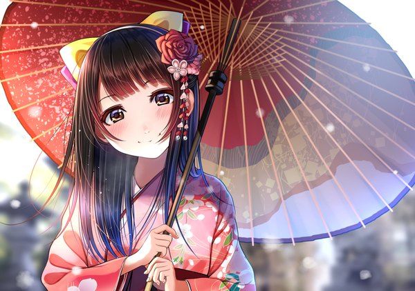 Anime picture 1254x882 with original matsuno chiya kentaurosu single long hair looking at viewer blush fringe black hair smile holding brown eyes payot upper body outdoors blunt bangs long sleeves traditional clothes head tilt japanese clothes