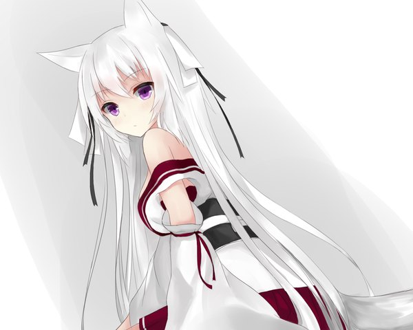 Anime picture 1500x1200 with original guo582 single long hair looking at viewer fringe light erotic simple background hair between eyes white background sitting purple eyes bare shoulders animal ears payot white hair tail traditional clothes japanese clothes animal tail