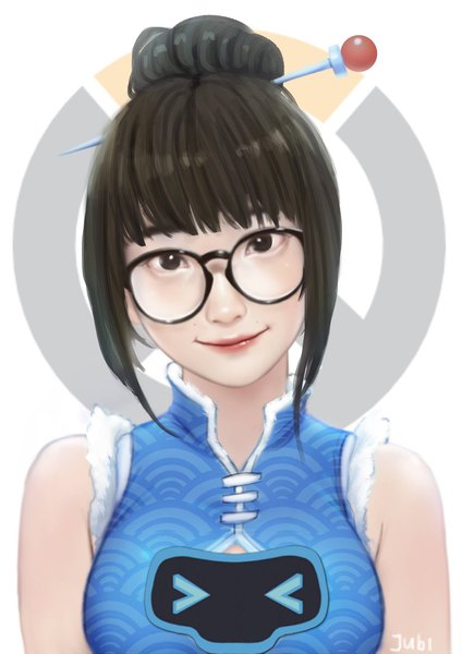Anime-Bild 1447x2048 mit overwatch blizzard entertainment real life mei (overwatch) yali zhang jubi (regiana) single tall image looking at viewer fringe short hair breasts black hair simple background smile large breasts signed payot upper body blunt bangs
