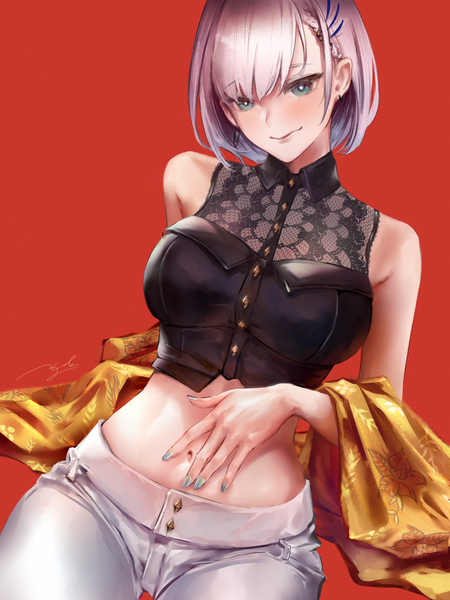 Anime picture 3000x4000 with virtual youtuber hololive hololive indonesia pavolia reine hyde (tabakko) single tall image looking at viewer blush fringe highres short hair breasts blue eyes simple background smile bare shoulders signed silver hair braid (braids)