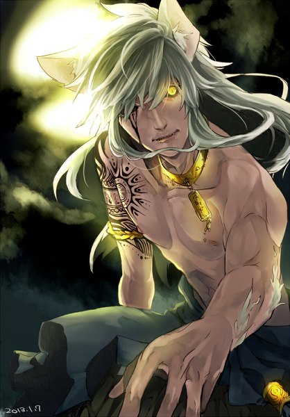 Anime picture 800x1147 with original izumisiino single long hair tall image looking at viewer animal ears yellow eyes sky grey hair inscription teeth fang (fangs) tattoo topless boy moon blood collar full moon