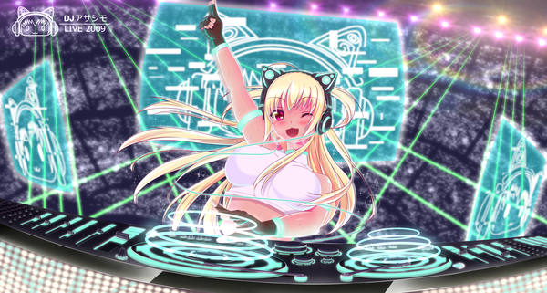 Anime picture 3560x1910 with original axent wear headphones sendoenfi single long hair blush highres open mouth light erotic blonde hair red eyes wide image ahoge one eye closed arm up wink two side up dj 2009 girl