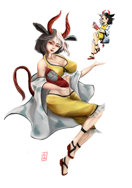 Anime picture 2480x3508 with touhou ushizaki urumi fetus squid tall image looking at viewer highres short hair breasts black hair red eyes large breasts signed animal ears full body white hair tail animal tail horn (horns) transparent background multiview
