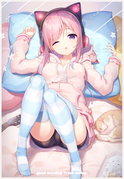 Anime picture 1037x1500 with virtual youtuber axent wear headphones nijihashi sora single long hair tall image looking at viewer blush fringe breasts open mouth light erotic hair between eyes purple eyes signed pink hair full body head tilt one eye closed arm up