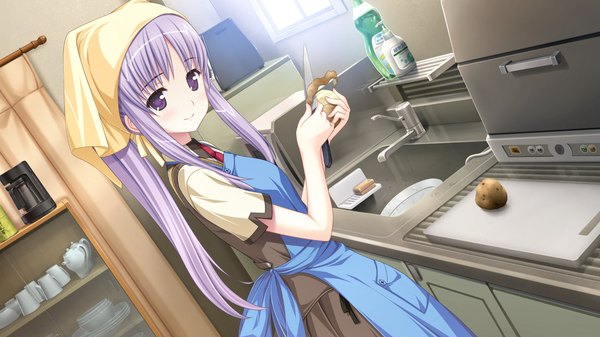 Anime picture 1280x720 with hatsukoi sacrament yazaki hoshimi single long hair wide image purple eyes game cg purple hair cooking girl