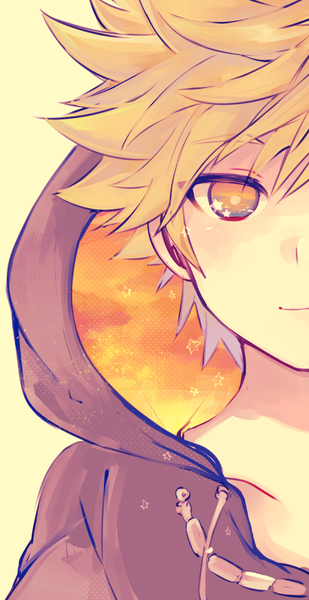 Anime picture 536x1038 with kingdom hearts square enix roxas shougo kota single tall image looking at viewer blush fringe short hair simple background blonde hair hair between eyes upper body light smile orange eyes head out of frame yellow background spiked hair boy