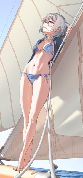 Anime picture 1195x2560 with gridman universe ssss.dynazenon studio trigger mujina luts single tall image looking at viewer fringe short hair breasts light erotic hair between eyes standing sky silver hair full body outdoors barefoot aqua eyes