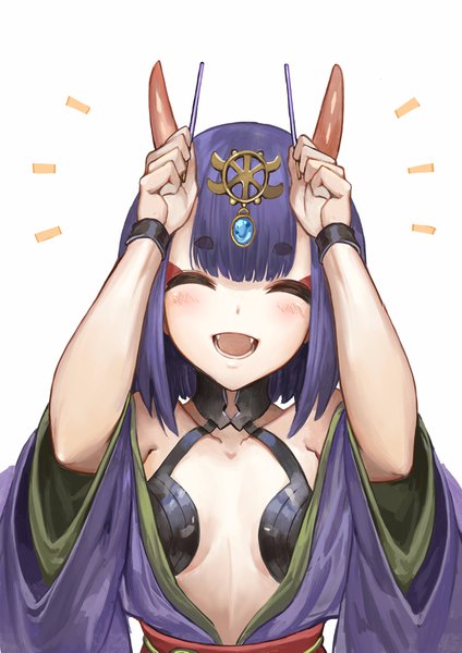 Anime-Bild 2894x4093 mit fate (series) fate/grand order shuten douji (fate) akizone single tall image blush highres short hair breasts open mouth light erotic simple background smile white background purple hair upper body eyes closed :d horn (horns)