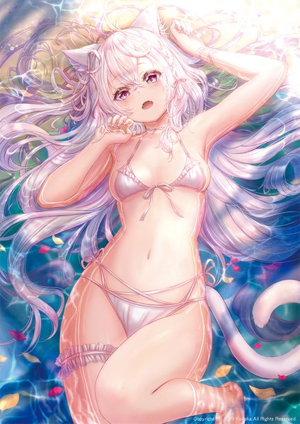 Anime picture 763x1077 with original hou no ka single long hair tall image looking at viewer blush fringe breasts open mouth light erotic hair between eyes red eyes animal ears silver hair outdoors tail lying braid (braids) nail polish