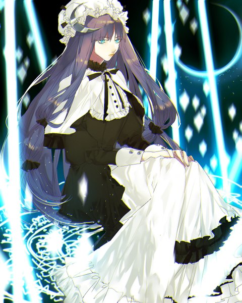 Anime picture 1200x1500 with touhou patchouli knowledge tian (my dear) single long hair tall image looking at viewer fringe blue eyes sitting twintails purple hair magic crescent girl dress hat white dress black dress moon