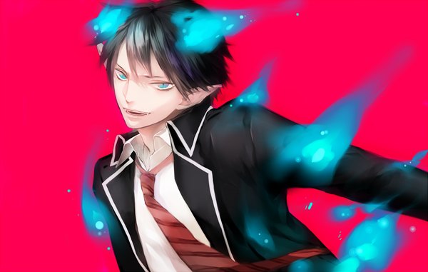 Anime picture 1200x763 with ao no exorcist a-1 pictures okumura rin mame (artist) single looking at viewer short hair blue eyes black hair simple background pointy ears glowing red background boy uniform school uniform necktie