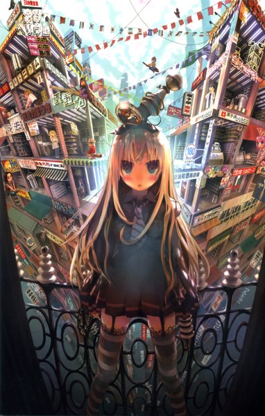 Anime picture 1200x1884 with original electric lola john hathway long hair tall image looking at viewer blush blue eyes blonde hair lying girl thighhighs dress bow hair bow pantyhose necktie building (buildings) striped thighhighs broom