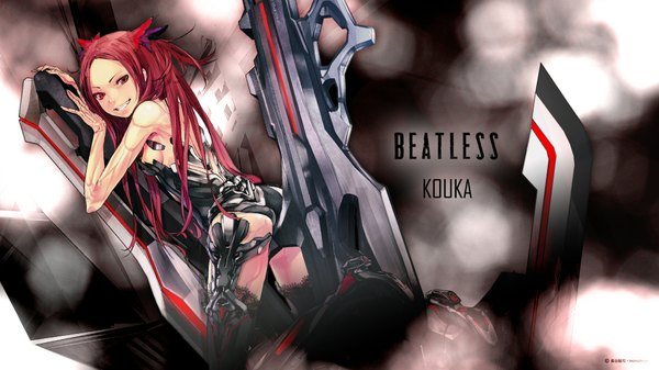 Аниме картинка 1920x1080 с beatless kouka redjuice один (одна) длинные волосы смотрит на зрителя высокое разрешение открытый рот улыбка красные глаза широкое изображение голые плечи красные волосы альтернативный костюм девушка робот