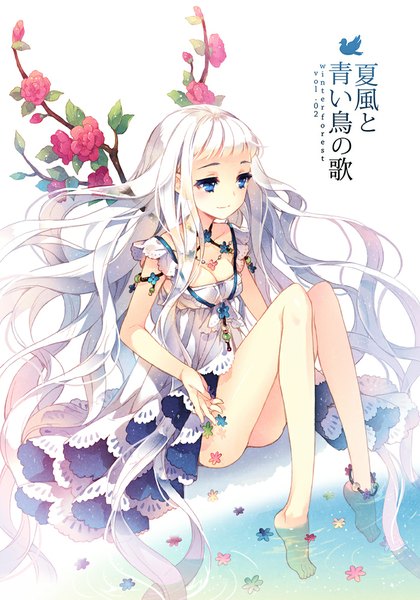 Anime picture 700x1000 with original tearfish single long hair tall image blue eyes light erotic simple background white background sitting looking away white hair barefoot legs girl dress flower (flowers)