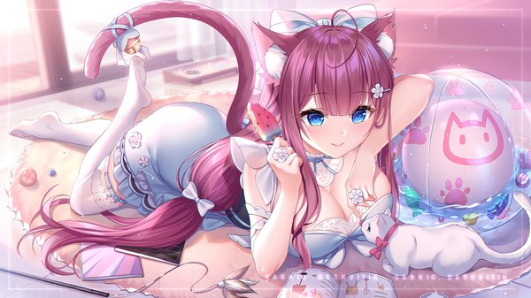 Anime picture 1181x664 with original sannio single long hair blush fringe breasts blue eyes light erotic smile wide image large breasts holding signed animal ears looking away pink hair cleavage full body ahoge