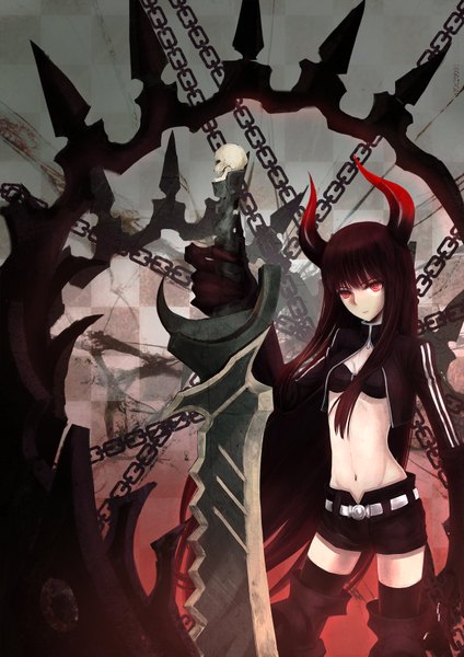 Anime picture 1200x1697 with black rock shooter black gold saw infukun single long hair tall image looking at viewer red eyes brown hair horn (horns) open clothes open jacket girl sword shorts chain bikini top skull huge weapon