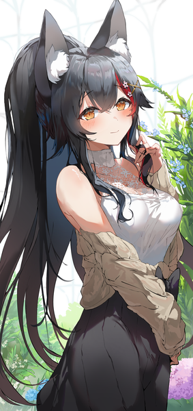 Anime picture 1314x2786 with virtual youtuber hololive ookami mio ookami mio (5th costume) kabedoru single long hair tall image looking at viewer blush fringe breasts black hair smile hair between eyes large breasts standing bare shoulders animal ears yellow eyes