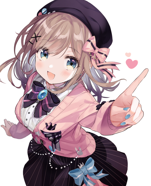 Anime picture 1455x1788 with virtual youtuber nijisanji suzuhara lulu kanda done single long hair tall image looking at viewer blush open mouth blue eyes simple background brown hair white background nail polish arm up from above blue nail polish girl skirt